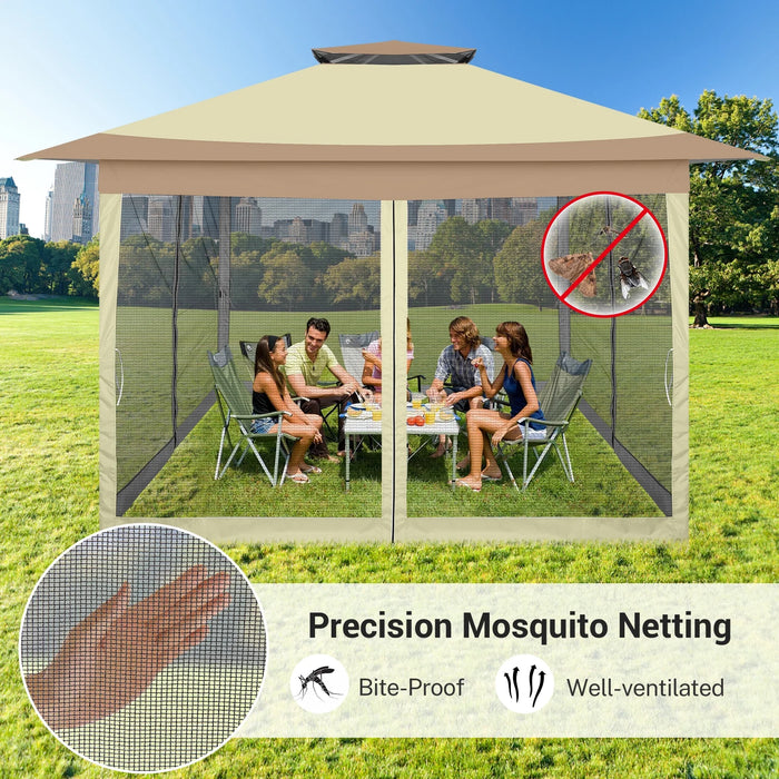 12X12Ft Outdoor Gazebo Pop up Gazebo with Mosquito Netting, Instant Patio Canopy Tent for Shade and Rain, 2 Tiered Vente Gazebo Canopy UPF 50+ for Garden Backyard with Carry Bag&4 Sandbags