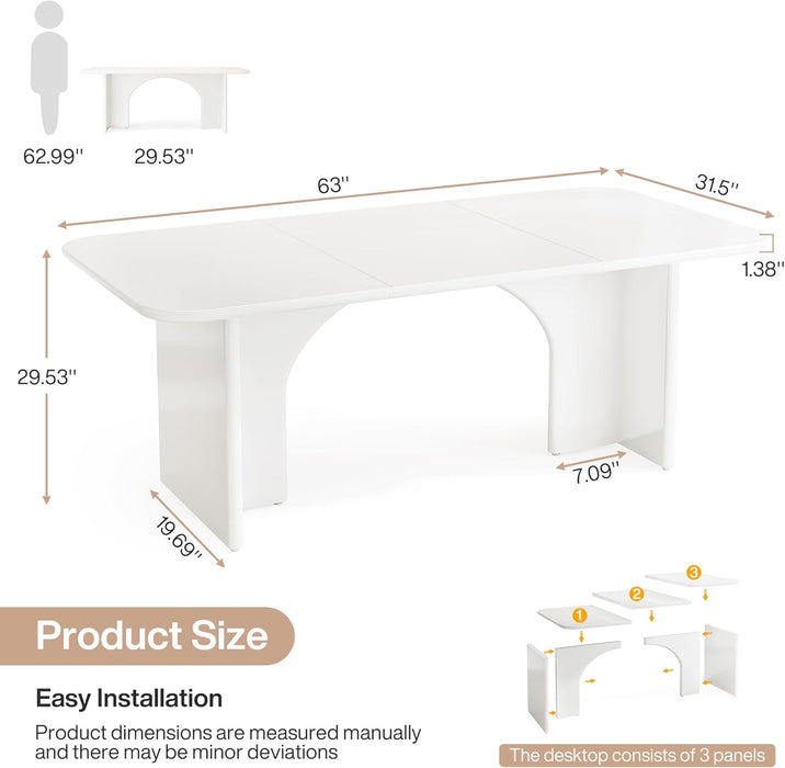 Modern White Desk, Large Minimalist Executive Office Computer Desk Writing Study Makeup Vanity Table Workstation with Arch Design Legs, 63 X 31.5 Inch