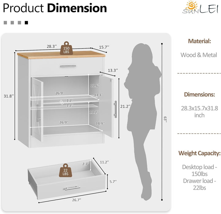 Kitchen Buffet Sideboard Cabinet, Wooden Storage Cabinet with 2 Doors & 1 Drawers, Modern Farmhouse Coffee Bar Cabinet with Storage for Living Room, Adjustable Shelf, White&Yellow