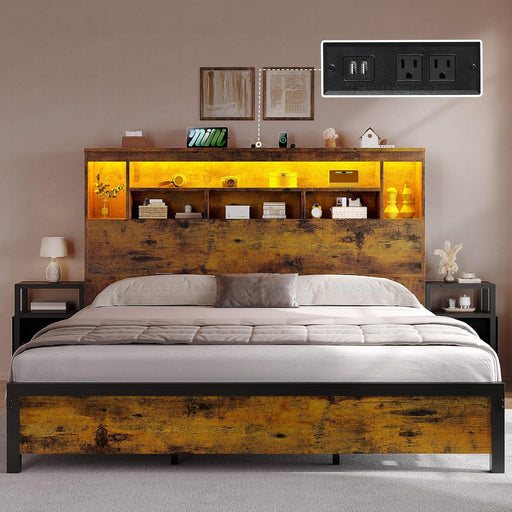 Queen Size Bed Frame with Storage Bookcase Headboard & RGB LED Lights, Slide Out Bedside Storage, Charging Station, Heavy Duty Metal Slats, No Box Spring Needed, Noise-Free, Rustic Brown