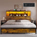 Queen Size Bed Frame with Storage Bookcase Headboard & RGB LED Lights, Slide Out Bedside Storage, Charging Station, Heavy Duty Metal Slats, No Box Spring Needed, Noise-Free, Rustic Brown