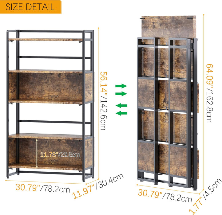 No Assembly 5 Tiers Folding Bookshelf 56.14''H Extra Storage,Rustic Brown