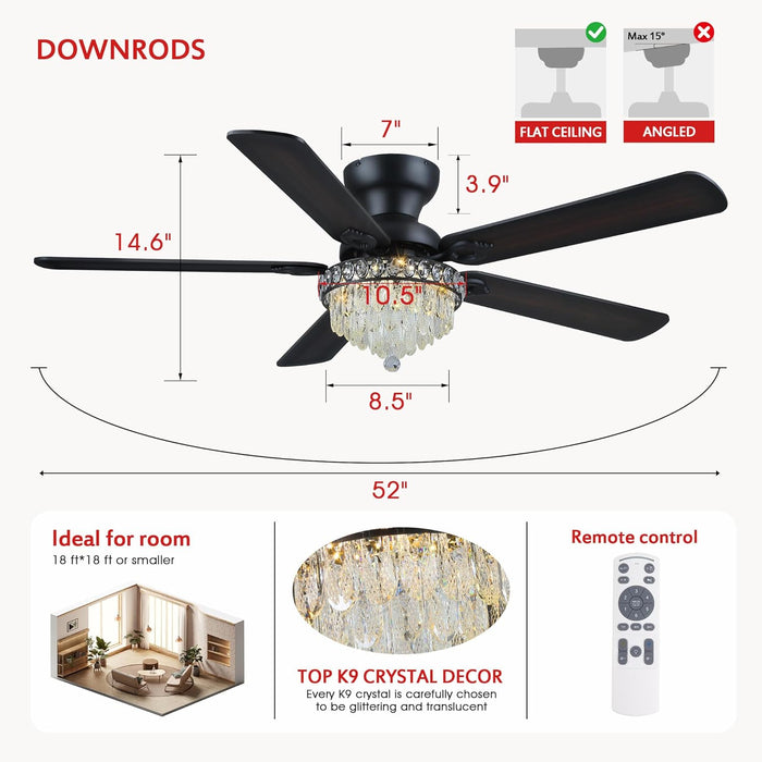 Crystal Ceiling Fan Fandelier with Lights-Ceiling Fans with Remote Control,Modern Ceiling Fan with Noiseless DC Reversible Motor,Dining Room,Living Room(52" Black)