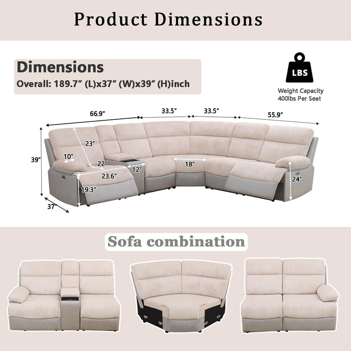 Power Reclining Sectional Sofa with LED, Sectional Couch Recliner Sofa Set, Living Room Furniture Set with USB Charging for Living Room with 2 Recliner Seats(Living Room Set, Beige Grey)