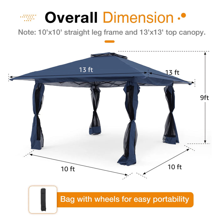 13’X13’Pop up Gazebo, Outdoor Gazebo Tent with W/ Netting Walls, Double Vented Roof Canopy, Navy Blue