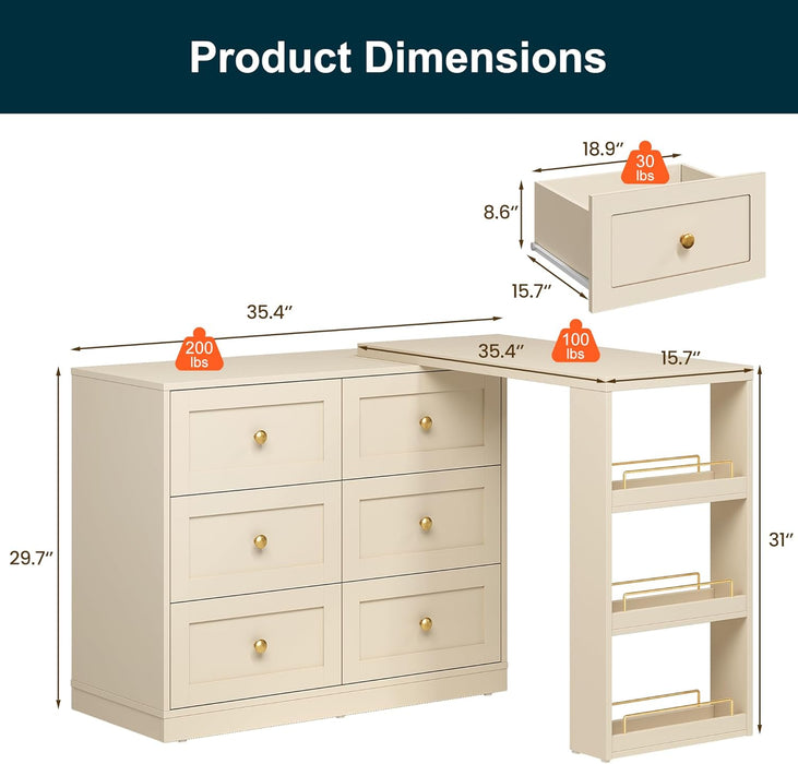 Extendable Vanity Desk and Dresser Combo, 67" Makeup Vanity Table with Drawers and 3 Side Shelves, Wood Dressing Table for Bedroom, Dressing Room, Beige