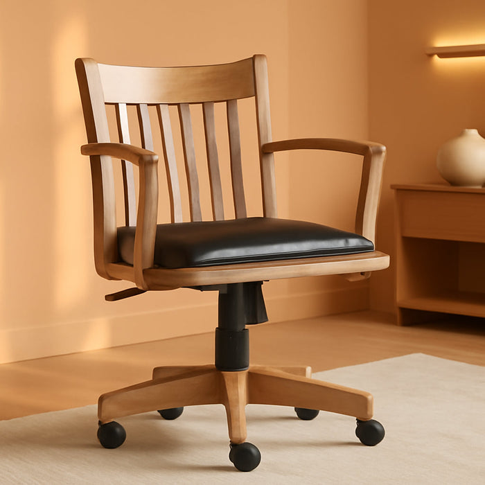 OSP Home Furnishings Deluxe Wood Banker'S Desk Chair with Padded Seat, Adjustable Height and Locking Tilt, Fruitwood Finish and Black Vinyl