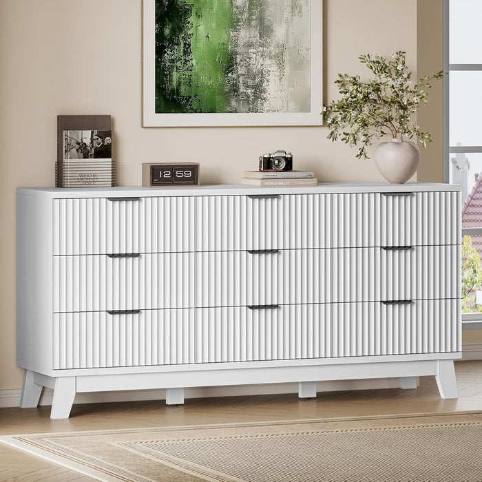63" Long Dresser for Bedroom, 9-Drawer Fluted Dresser, Extra-Wide Wood Chest of Drawers with Smooth Metal Slides, Stable Base, Modern Clothes Storage Cabinet for Living Room, Hallway, Nursery