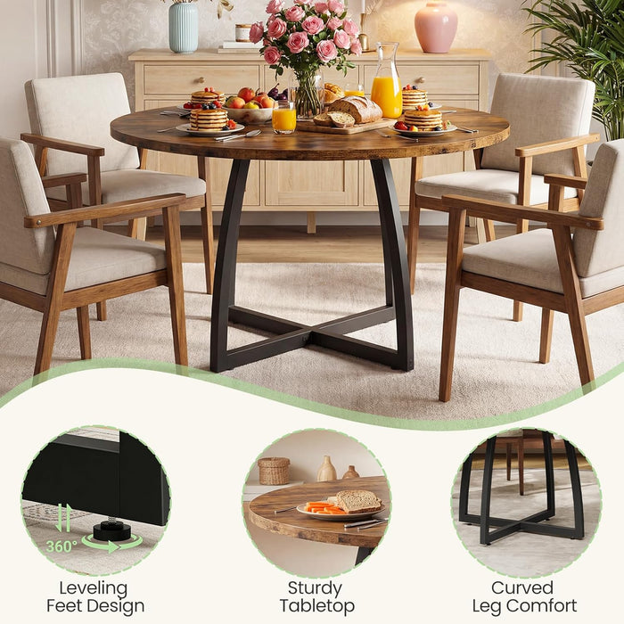 47.2-Inch round Dining Table for 4, Kitchen Dining Room Circle Dinner Pedestal Table, Farmhouse Kitchen Table with Retro Brown Tabletop, Curved Black Metal Legs, Easy Assembly TCZ13BFC1