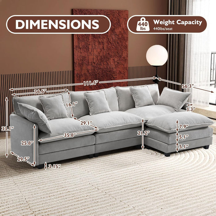 111.4" L Shaped Modern Sofa Modular Sectional Cloud Couch with Ottoman, 4-Seat Chenille Deep Seat Sofa with Pillow for Living Room, Bedroom and Apartment, Grey