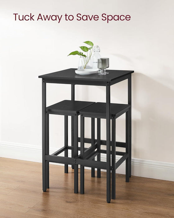 Bar Table and Chairs Set, Square Table with 2 Stools, Dining Pub Set for 2, Space Saving for Kitchen Breakfast, Living Room, Party Room, Ebony Black and Ink Black