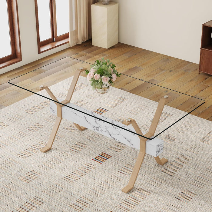 Glass Dining Table 71"｜Modern Dining Table for 6-8｜0.4" Thick Tempered Glass Top｜Wood Pattern Metal Legs｜Marble Crossbar｜Easy Assembly｜Perfect for Dining Room or Kitchen