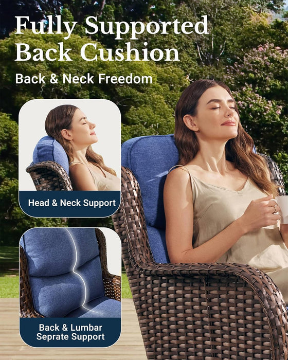 Luxury Patio Furniture Set with 6-Inch Thick Cushion, Outdoor Couch and High Back Swivel Rocker Patio Chairs, 7PCS Wicker Conversation Set for Deck, Yard, and Poolside in Blue (V2)