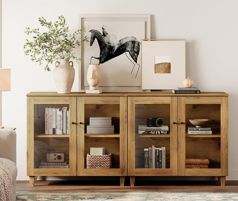 Glass Buffet Cabinet, 70.8" Modern Coffee Bar Sideboard, Oak Brown | Adjustable Shelf, Cable Management, Anti-Tip, Tempered Glass Doors, Wood Legs, Modular Storage for Dining Room Living Room