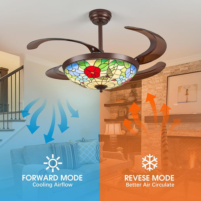 48" Tiffany Retractable Ceiling Fan with Light - (Garden, Brown)