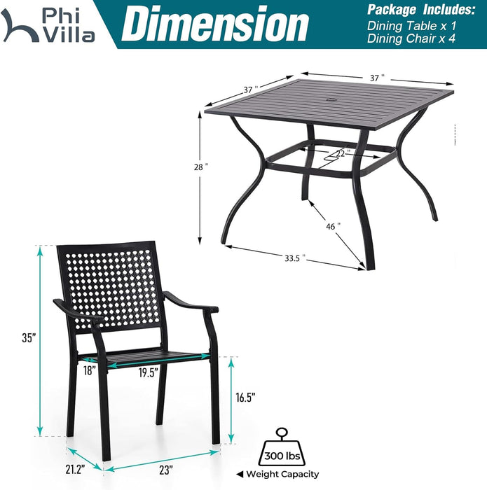 5 Pieces Outdoor Meal Dining Set for 4, Square Wrought Iron Table & Stackable Dining Chairs, Heavy-Duty Dining Furniture Set for Patio, Deck, Backyard, Porch