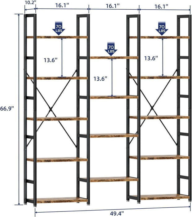 Triple Column 5 Tier Bookshelf, Bookcase with 14 Open Display Shelves, Adjustable Rustic Industrial Style Book Shelves, Modern Bookshelves for Bedroom, Living Room and Home Office, Vintage