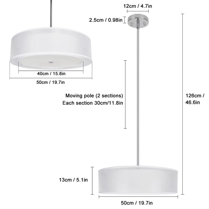 20" 3-Light Classic Semi Flush Mount Ceiling Light with Drum Shade Adjustable Height for Dining Room Bedroom E26 Base