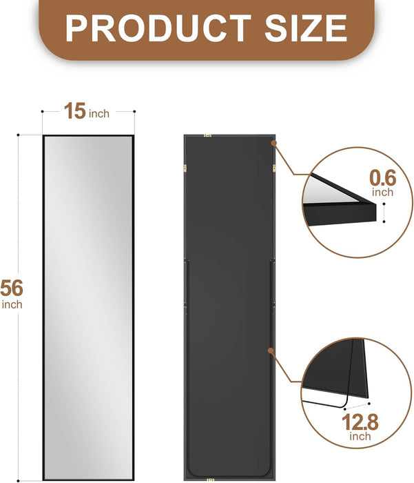 Wall Full Length Mirror,Standing Mirror Full Body,Large Floor for Wall Door Bedroom Bathroom Living Room with Aluminium Frame(With Stand,56X15-Black)