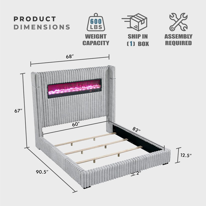 Corduroy Upholstered Bed Frame, Remote Fireplace, Built-In Speaker, Wingback Queen Bed Frame with Headboard, Wooden Slats, Box Spring Needed, Assembly Required, Two-Tone Gray