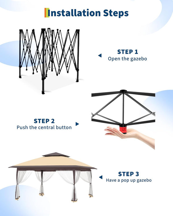 Canopy Tent 12X12 Ft, Pop up Gazebo One-Push Setup with 4 Sandbags for Backyard Parties and Bbqs, Mosquito Netting & Height Adjustable - Khaki & Coffee