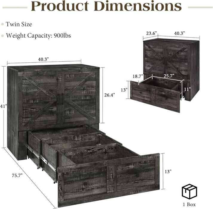 Twin Murphy Bed with Built-In Charging Station and Storage Drawer, Farmhouse Foldable Cabinet Bed for Guest Room, Apartment or Home Office, Black Oak