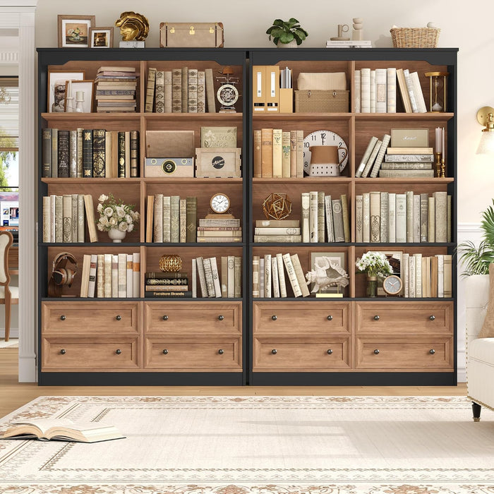 71" Tall Bookshelf with 4 Drawers Large Bookshelf Office Bookcase | 6-Tier Double Wide Bookshelves and Bookcases with Storage, Tall Bookshelf Standing Book Cabinet for Home Office, Brown/Black
