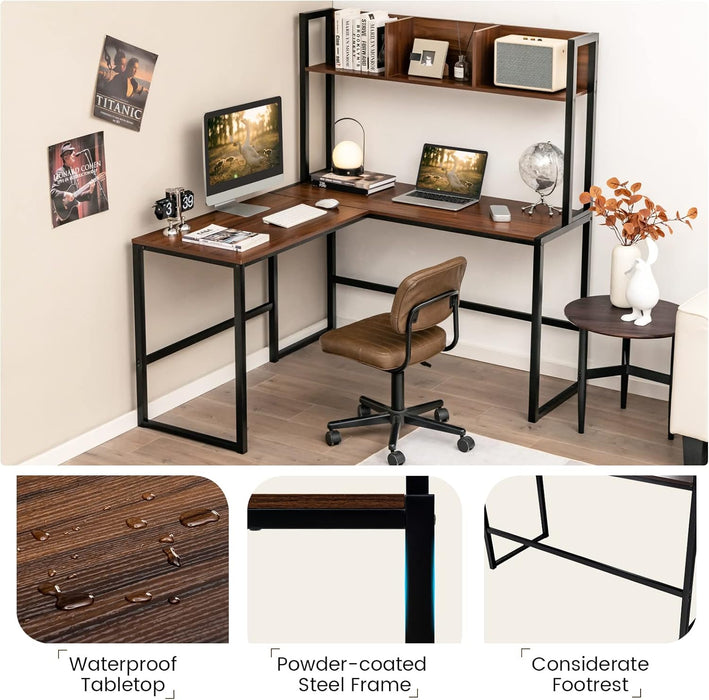 Reversible L-Shaped Desk with Hutch, Space Saving Corner Computer Desk with Storage Shelves, Home Office Study Writing Desk Computer Workstation with Storage Bookshelf, Gaming Desk