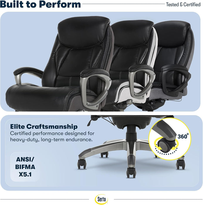 Lautner Executive Home Office Desk Chair, Ergonomic High-Back with Adjustable Lumbar & Body Pillows, Smartlayers and Comfortcoils Technology, Mesh and Bonded Leather, Black/ Gray