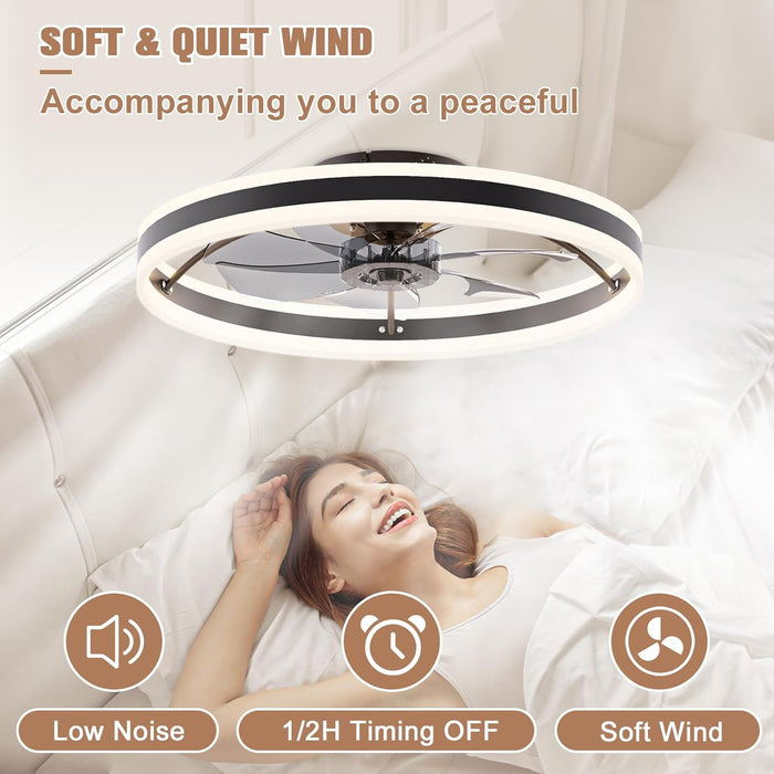 Low Profile Ceiling Fans with Lights and Remote, 23.6In Flush Mount Ceiling Fans with Light, 3000K-6500K Dimmable Fandelier LED Fan Light, Black Bladeless Ceiling Fans with Lights for Bedroom