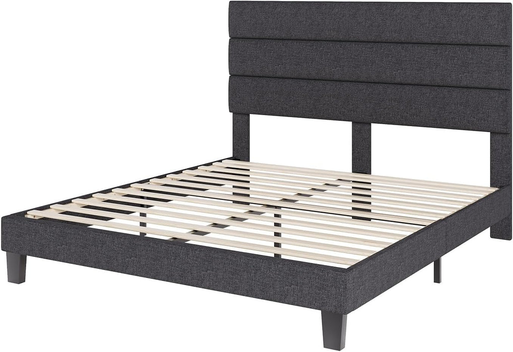 Queen Size Bed Frame with Linen Upholstered Headboard, Modern Platform Bed with Wooden Slats Support, Noise-Free, No Box Spring Needed, Easy Assembly, Grey