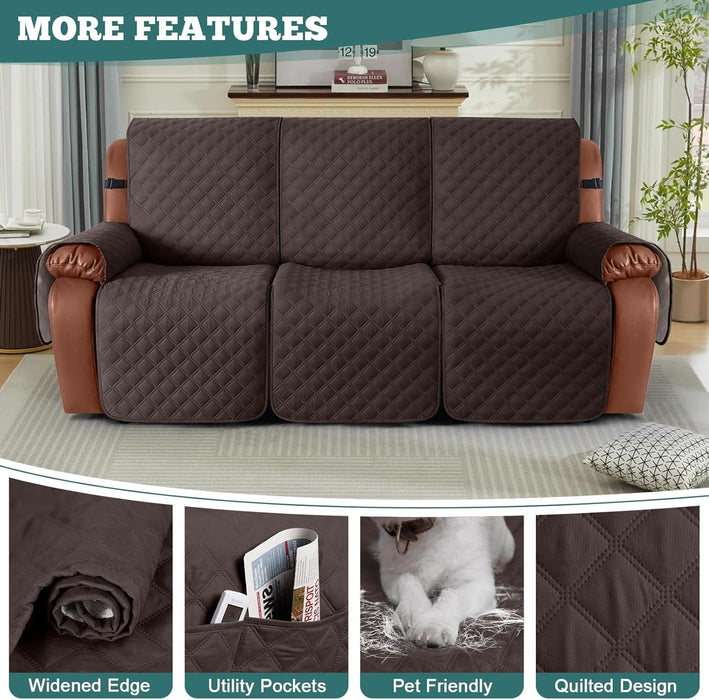 Waterproof Recliner Sofa Cover 1-Piece Couch Covers for Reclining Couches Reclining Sofa Cover Washable Furniture Protector with Elastic Straps Pocket for Kids, Pets (Chocolate, 3 Seater)