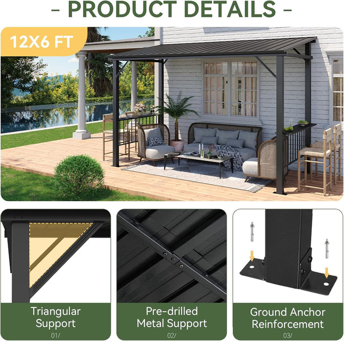 12X6Ft Hardtop Gazebo, All-Weather Outdoor BBQ Canopy with Sloping Steel Roof, Grill Gazebo with 2 Side Shelves & Hooks, Permanent Metal Gazebo for Patio, Backyard, Deck