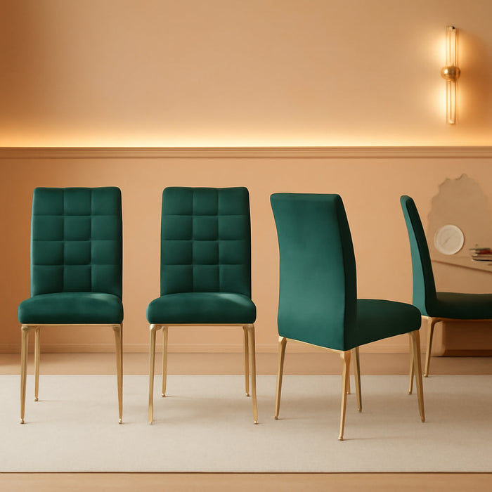 Upholstered Velvet Dining Chairs Classic Kitchen High Back Chairs Set of 4, Featured Dovetail Tufted Side Chairs, Golden Color Metal Legs, Forest Green