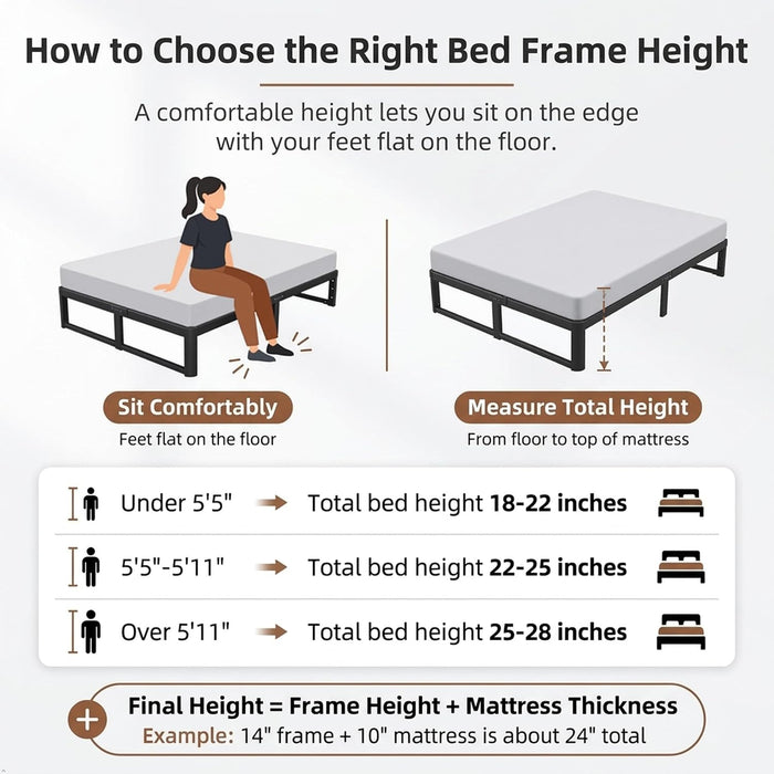 Queen Bed Frame, 14 in Reinforced Heavy Duty Metal Platform Bed, Black