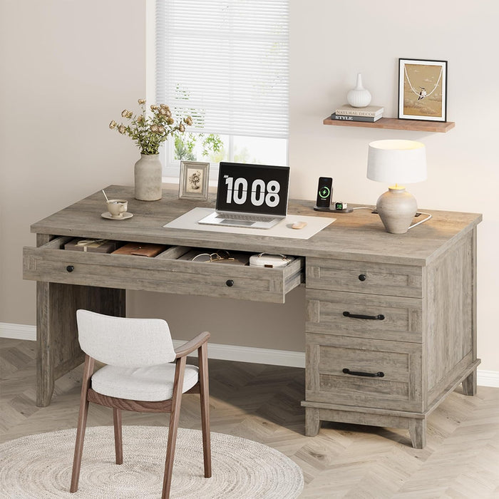 53.5" Farmhouse Computer Desk with Charging Station, Rustic Black Home Office Executive Desk, Wooden Workstation with File Cabinet Storage Drawers for Writing & Study, Rustic Gray