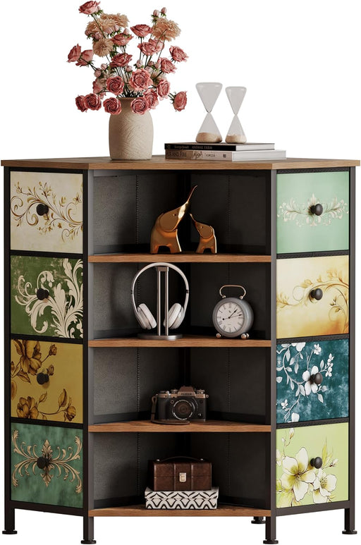 8 Drawers Corner Dresser with Storage Fabric Drawers and Open Shelves for Small Space，Bedroom，Entryway，Living Room (Retro Pattern)