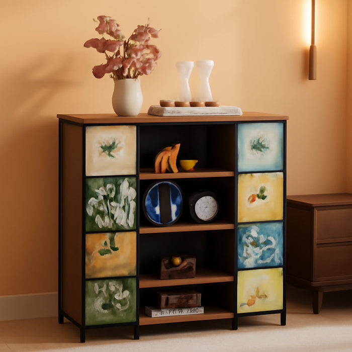 8 Drawers Corner Dresser with Storage Fabric Drawers and Open Shelves for Small Space，Bedroom，Entryway，Living Room (Retro Pattern)