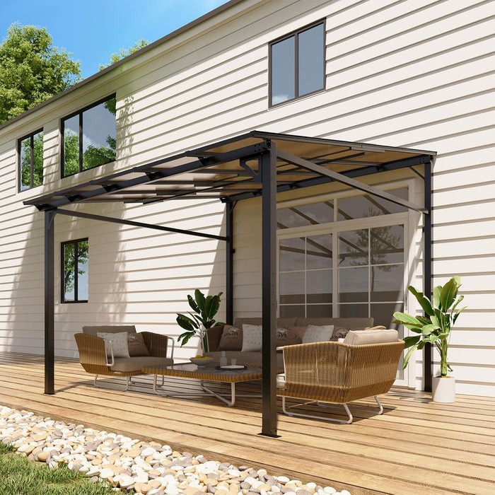 10 X 10 FT Wall Mounted Gazebo Pergola for Patio, Hardtop Gazebo with Sloped Polycarbonate Roof, Lean to Carport with 4-Pillar Aluminum Frame, Outdoor Garden Deck Shade for Decks, Backyard