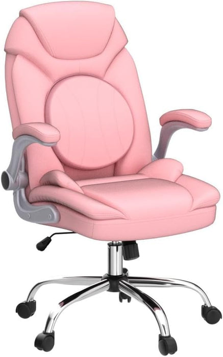Ergonomic Executive Office Chairs with Adjustable Lumbar Support, 90-120° Rocking Managerial Chair Swivel Desk Chairs with Padded Flip-Up Armrests (Pink), Medium(300Lbs)
