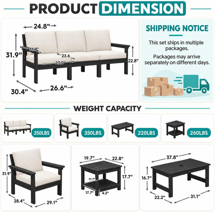 7-Piece HDPE Outdoor Patio Furniture Set with Cushions for Backyard, Porch and Poolside,Black Frame with Khaki Cushion