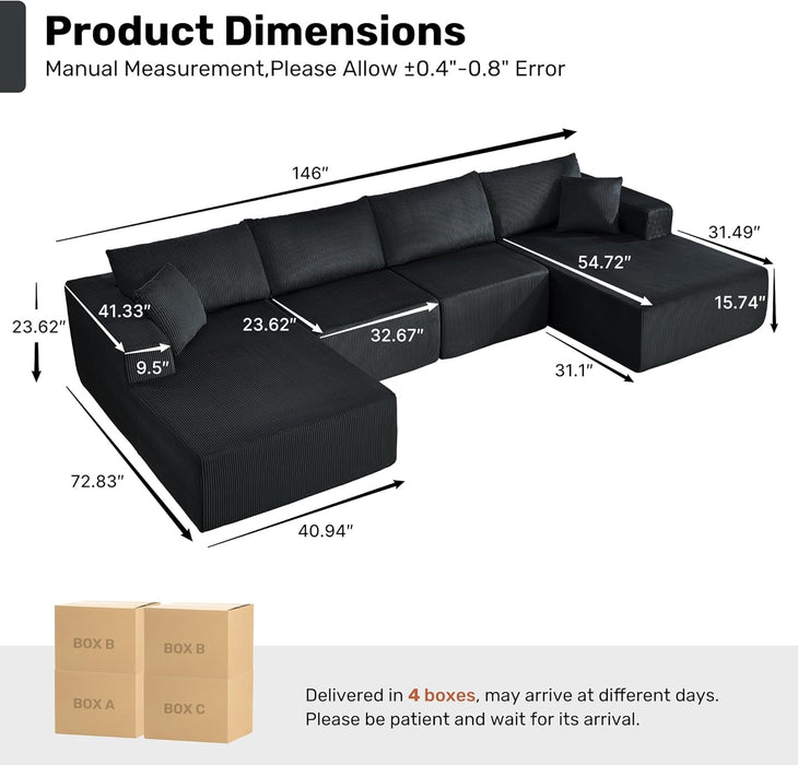 Corduroy Black UShaped 146Inch Modular Sectional Sofa