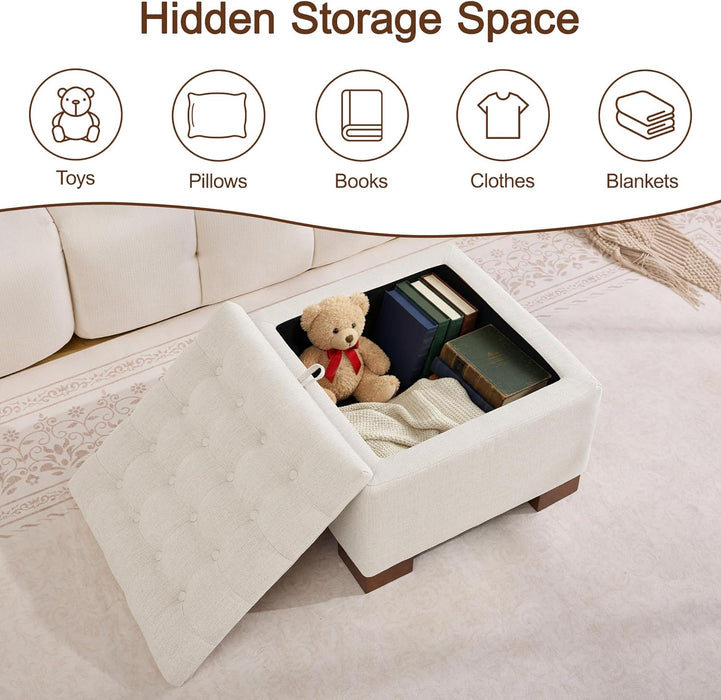 24" Fabric Square Storage Ottoman with Wooden Tray, Modern Tufted Button Footstool Coffee Table, Upholstered Small Ottoman for Living Room, Bedroom, Beige