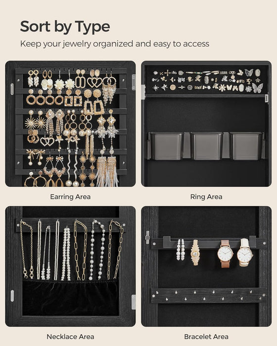 Mirror Jewelry Cabinet Armoire, Wall or Door Mounted Jewelry Storage, Hanging Lockable Frameless with 2 Plastic Cosmetic Organizers, Gift Idea, Black UJJC001B01