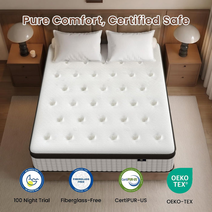 Full Mattress, 12 Inch Hybrid Mattress in a Box, Fiberglass Free
