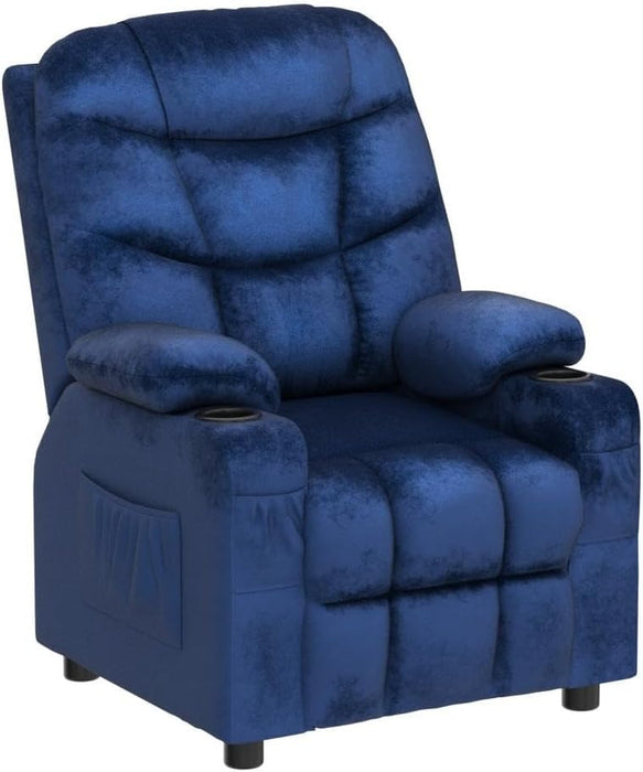 Kids Recliner Chair with Cup Holder, Adjustable Velvet Lounge Chair W/Footrest & Side Pockets for Children Boys Girls Room, Ergonomic Toddler Furniture Sofa Gifts, Kids Recliner (Blue)