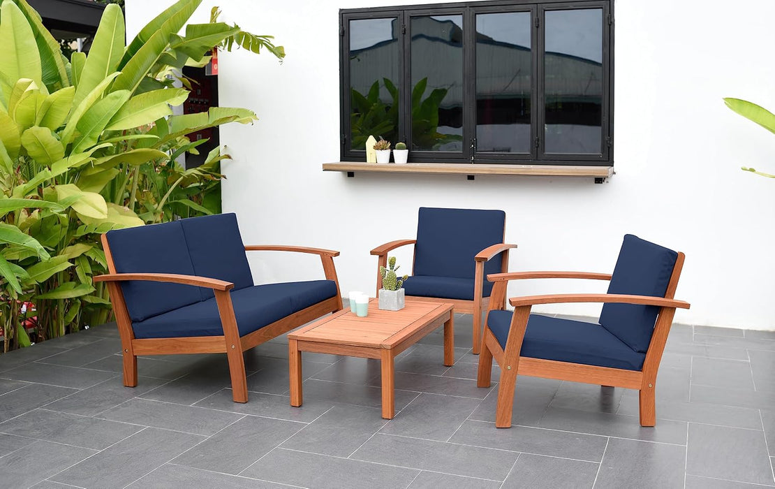 Prescott Patio 4 Piece Conversation Set | Durable Eucalyptus with Natural Finish, Blue