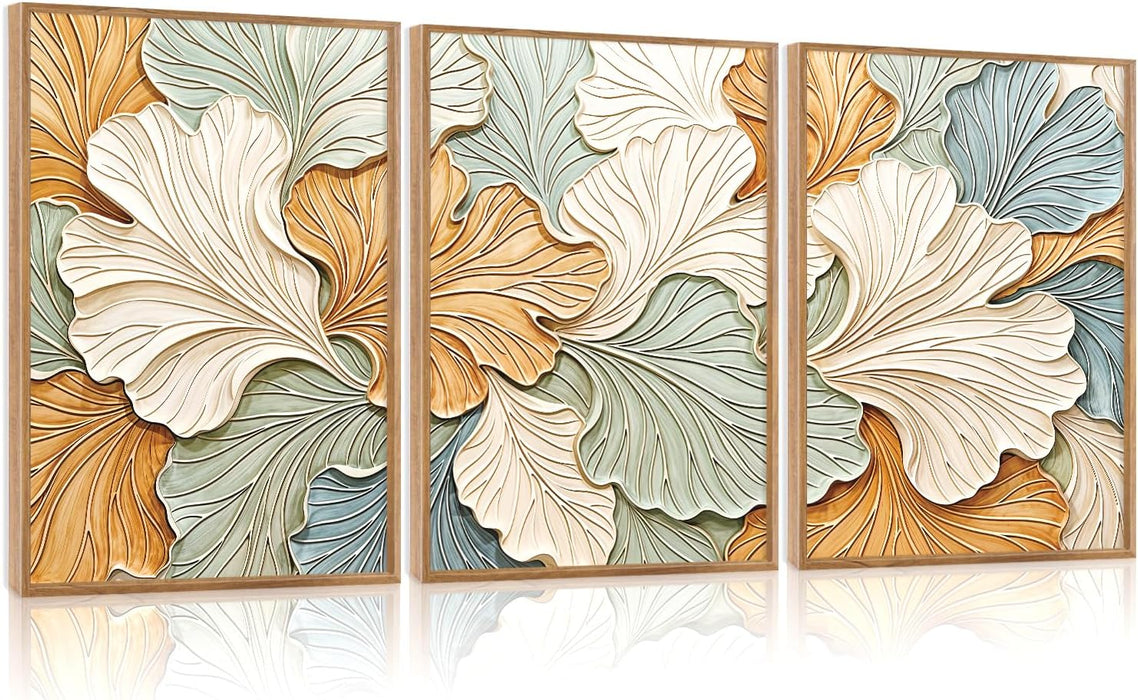 3D Neutral Earth Tone Impasto Ginkgo Leaf Textured Framed Canvas Wall Art Set, Pastel Minimalist Relief Wall Decor, Modern Art Prints for Living Room Hallway Bedroom Home Decor 24"X36"X3