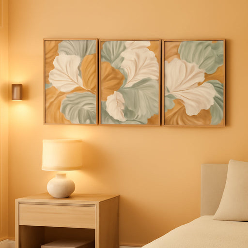 3D Neutral Earth Tone Impasto Ginkgo Leaf Textured Framed Canvas Wall Art Set, Pastel Minimalist Relief Wall Decor, Modern Art Prints for Living Room Hallway Bedroom Home Decor 24"X36"X3