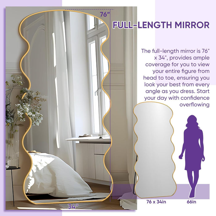 Wavy Full Length Mirror with Stand, 76” X 34" Floor Mirror, Aluminum Alloy Frame Wall Mounted Leaning Standing, Full Body Mirror for Bedroom Living Room Entryway,Gold